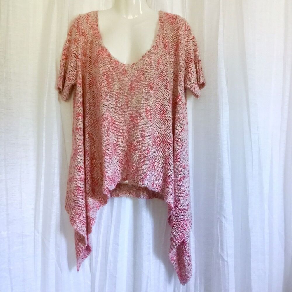 Vertigo High Low Sweater Top Size XL Pink Cream Knit Short Sleeve Scoop Neck